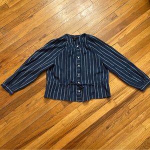 J. Crew Tie-Waist Navy White Stripe Linen-Blend Button-Up Long Sleeve Blouse 10P